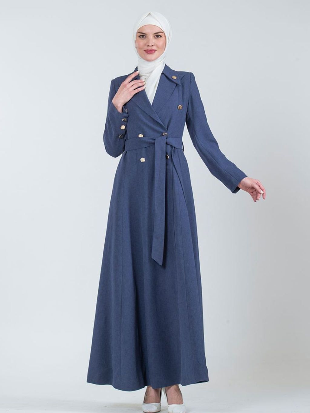 Double-Breasted Belted Trench Jilbab - Blue