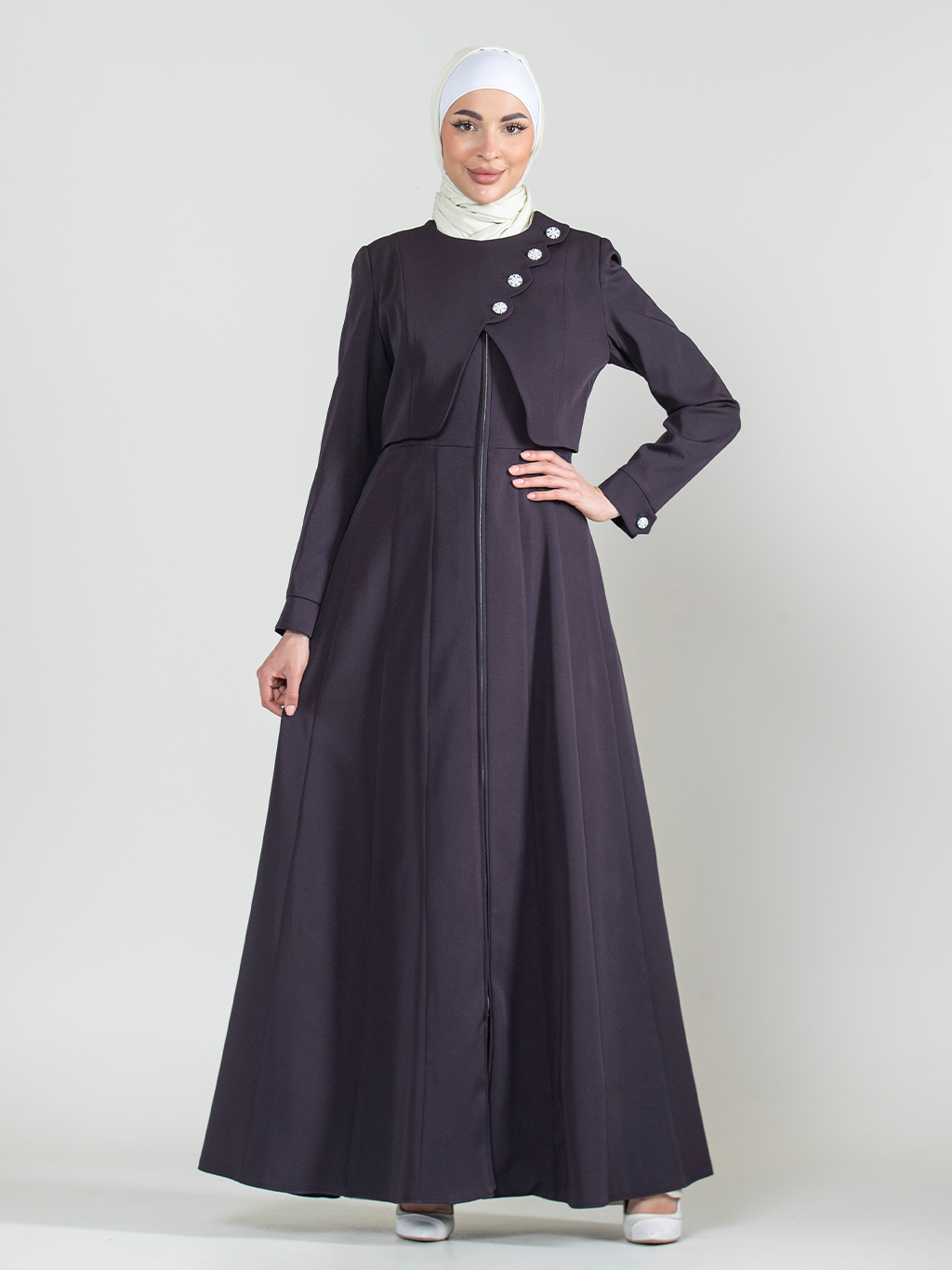 Asymmetric Button Jilbab with Front Zip - Plum