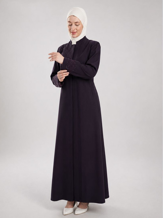 Embroidered Stand-Collar Jilbab - Eggplant