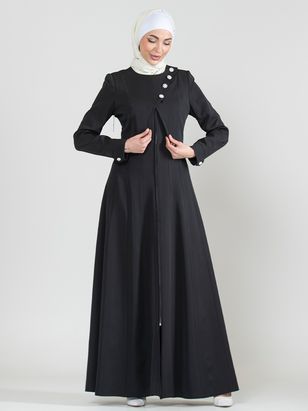 Asymmetric Button Jilbab with Front Zip - Black