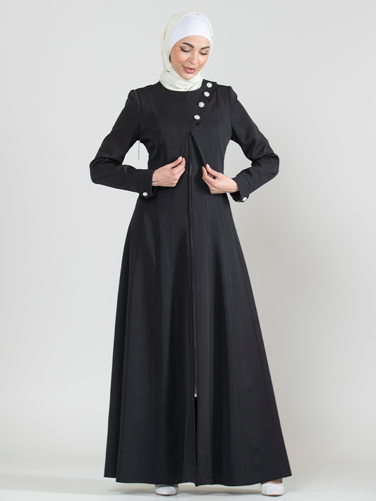 Asymmetric Button Jilbab with Front Zip - Black
