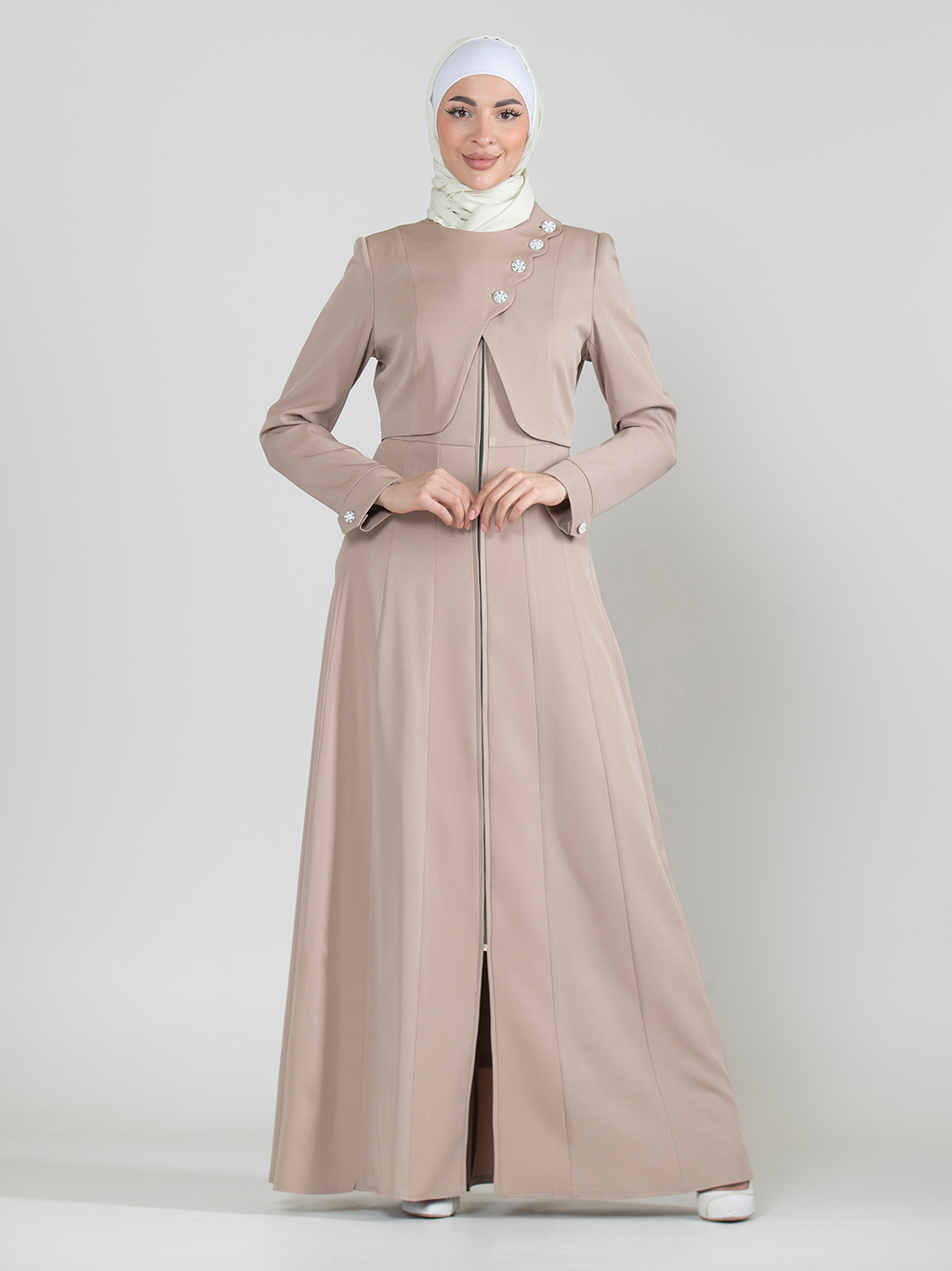 Asymmetric Button Jilbab with Front Zip - Beige