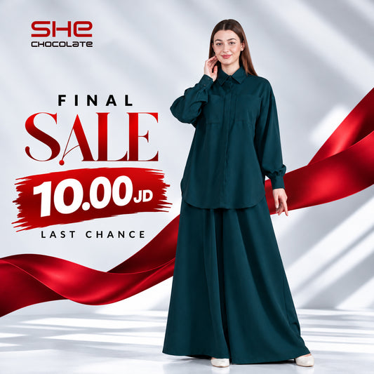 Utility Shirt & Wide-Leg Pants Set - Dark Green
