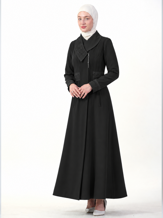 Embellished Shawl-Collar Zip Jilbab - Black