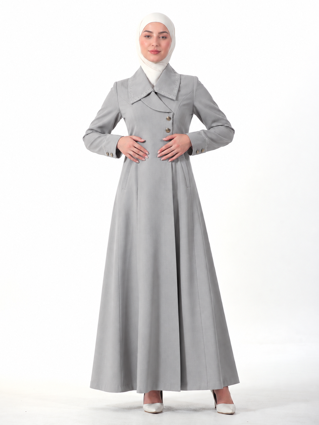 Shawl-Collar Button Jilbab - Gray