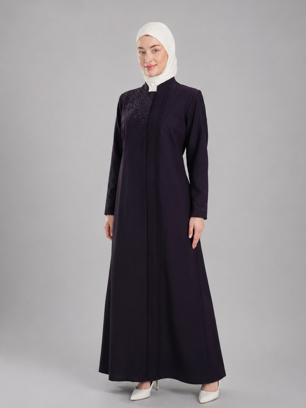 Embroidered Stand-Collar Jilbab - Eggplant