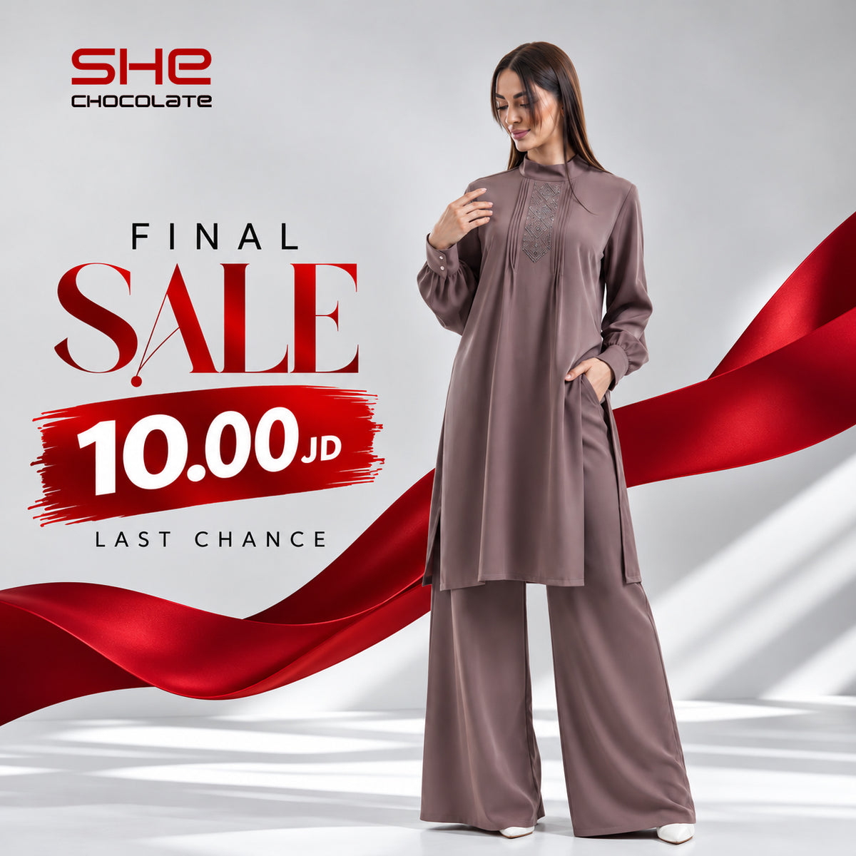 Pintuck Long Tunic & Wide-Leg Pants Set - Mocha