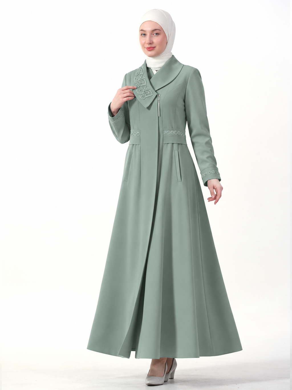 Embellished Shawl-Collar Zip Jilbab - Mint