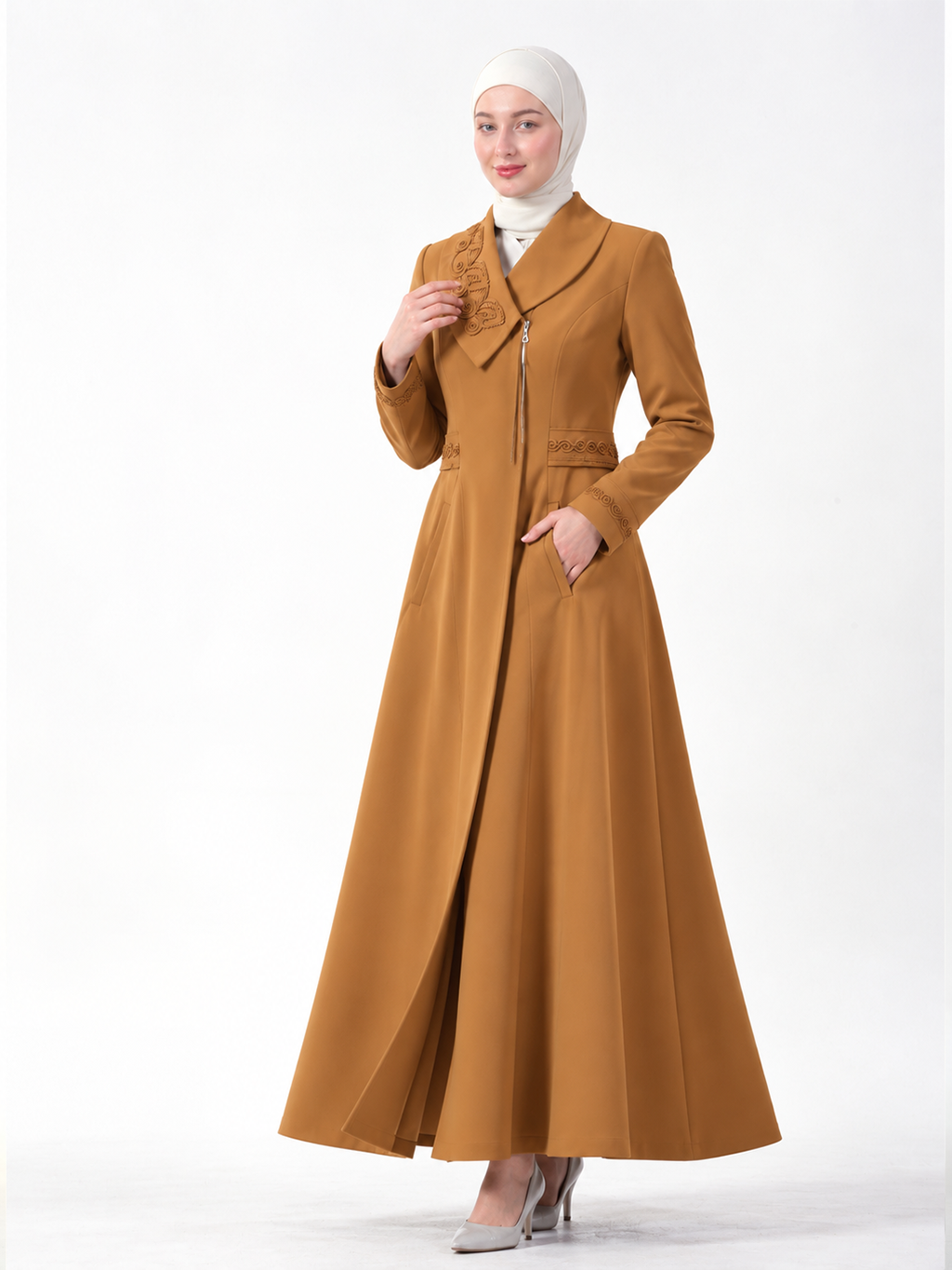 Embellished Shawl-Collar Zip Jilbab - Mustard