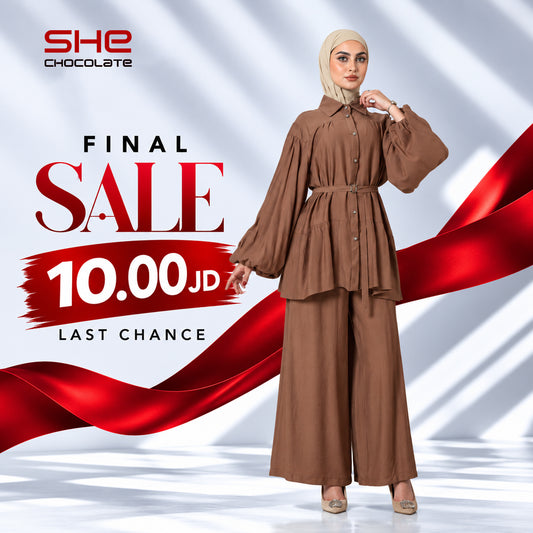 Belted Puff-Sleeve Shirt & Wide-Leg Pants Set - Brown