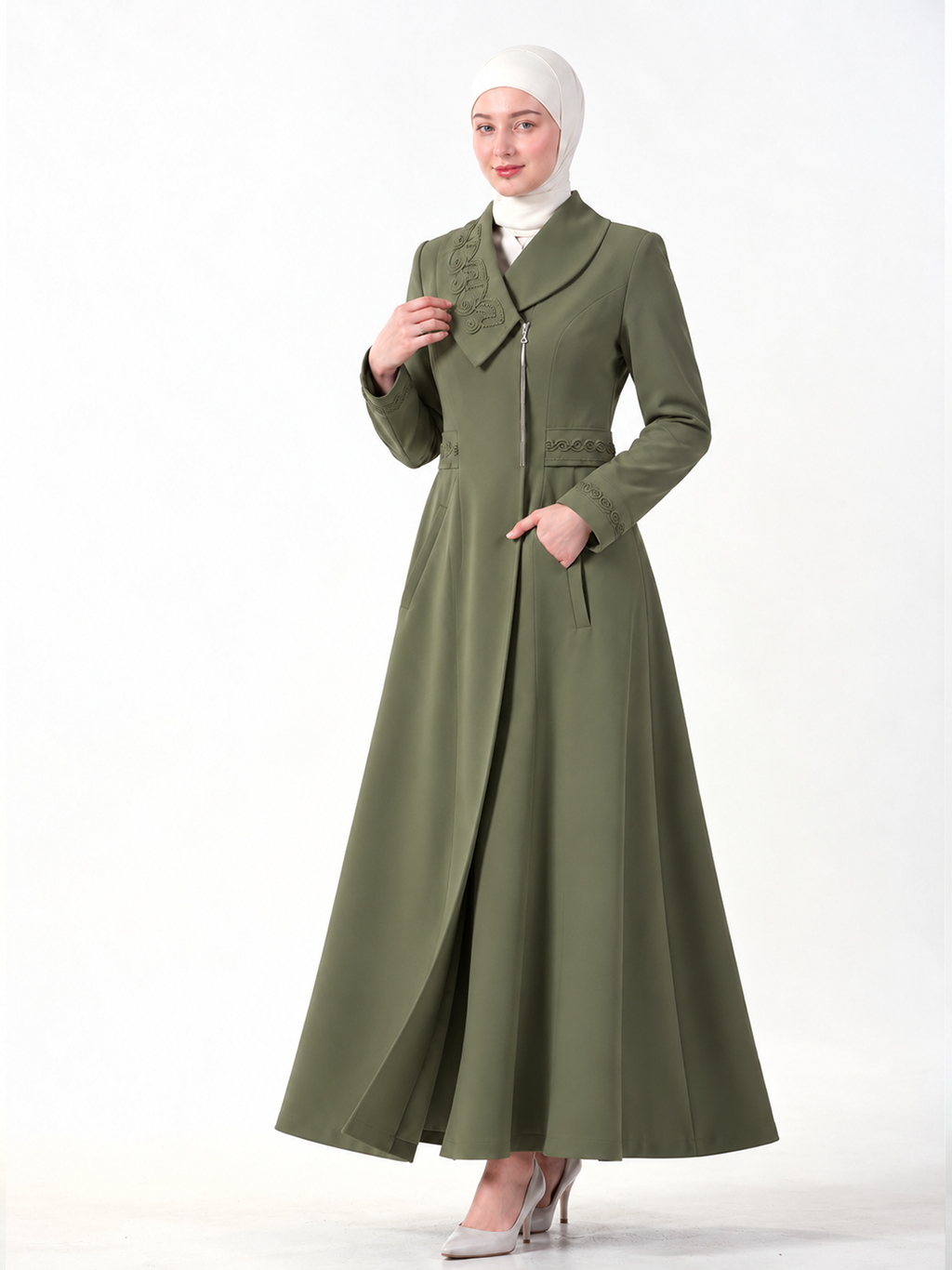 Embellished Shawl-Collar Zip Jilbab - Olive
