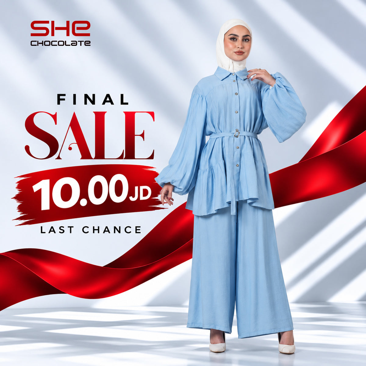 Belted Puff-Sleeve Shirt & Wide-Leg Pants Set - Light Blue
