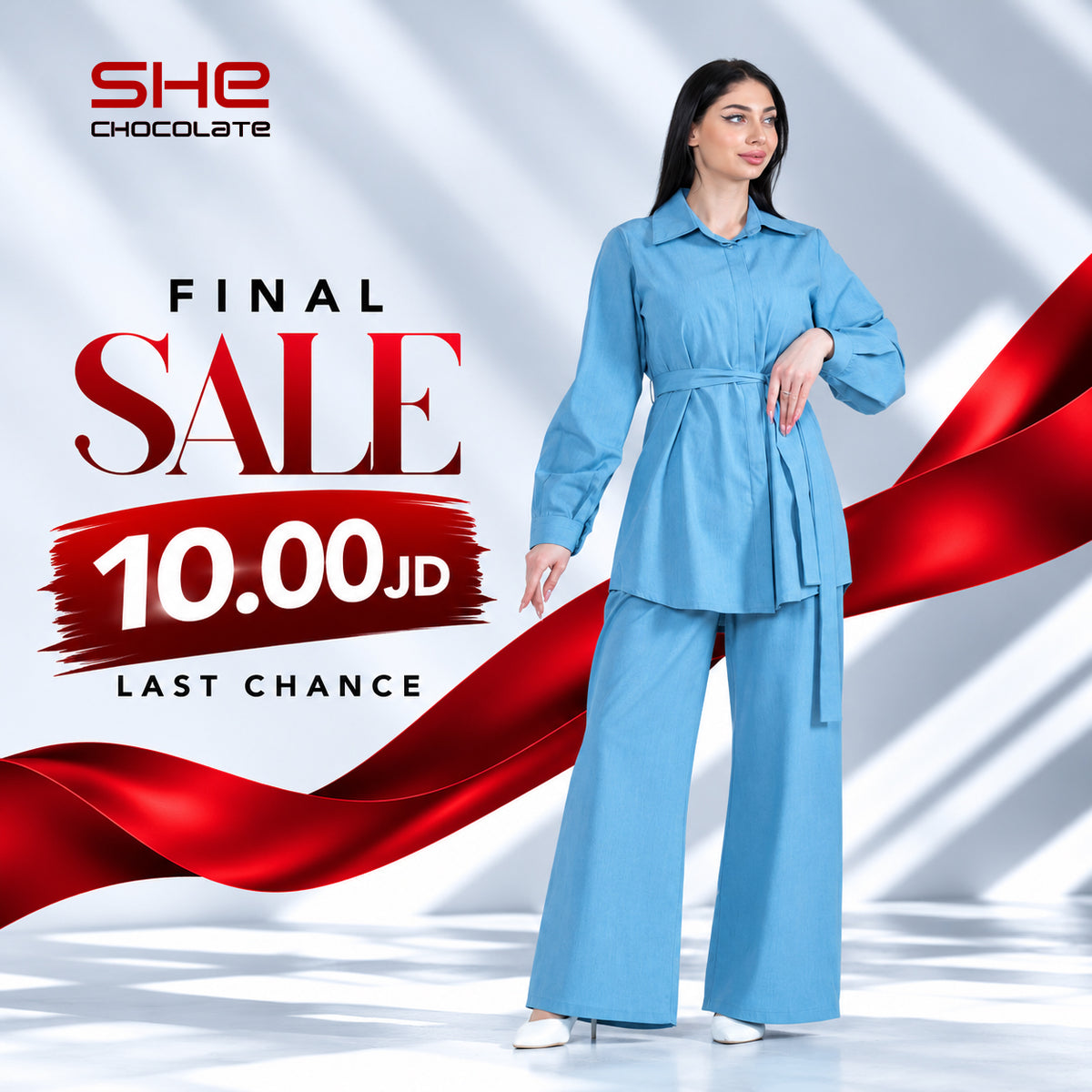 Belted Puff-Sleeve Shirt & Wide-Leg Pants Set - Sky Blue