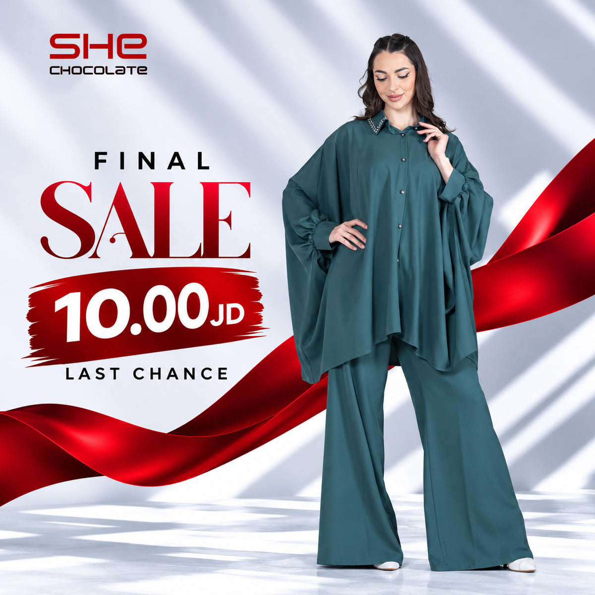 Jeweled-Collar Batwing Shirt & Wide-Leg Pants Set - Teal