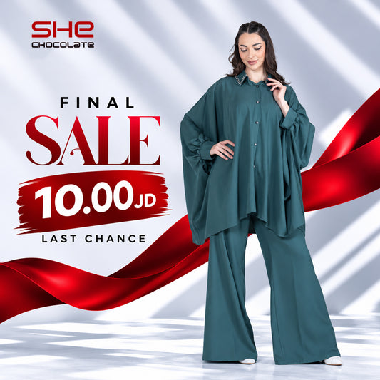 Jeweled-Collar Batwing Shirt & Wide-Leg Pants Set - Teal