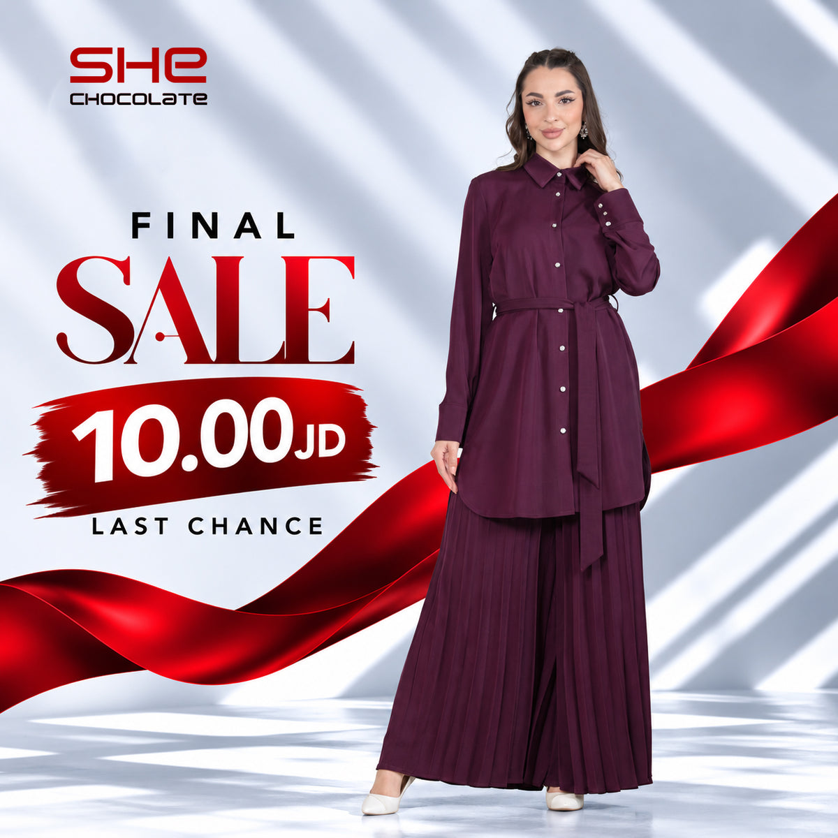 Belted Button Tunic & Pleated Pants Set - Plum