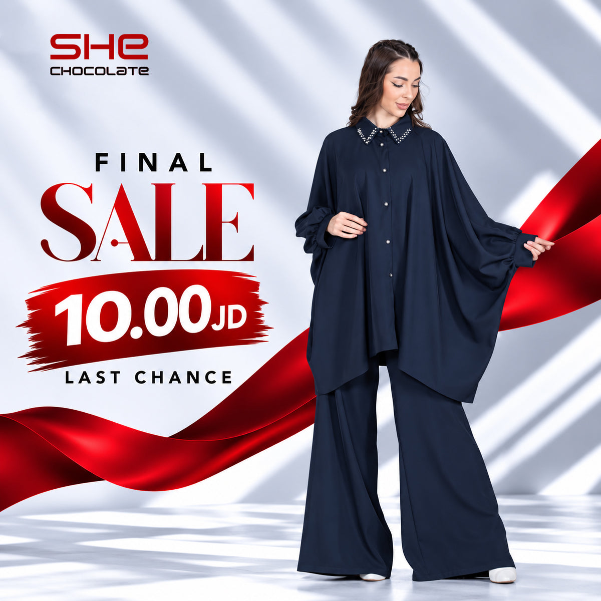 Jeweled-Collar Batwing Shirt & Wide-Leg Pants Set - Navy