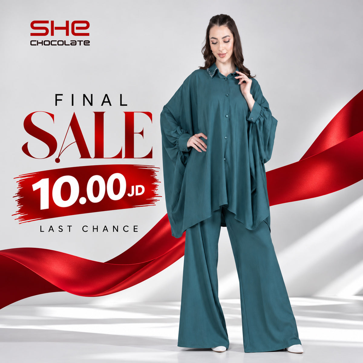 Batwing Oversized Shirt & Wide-Leg Pants Set - Teal