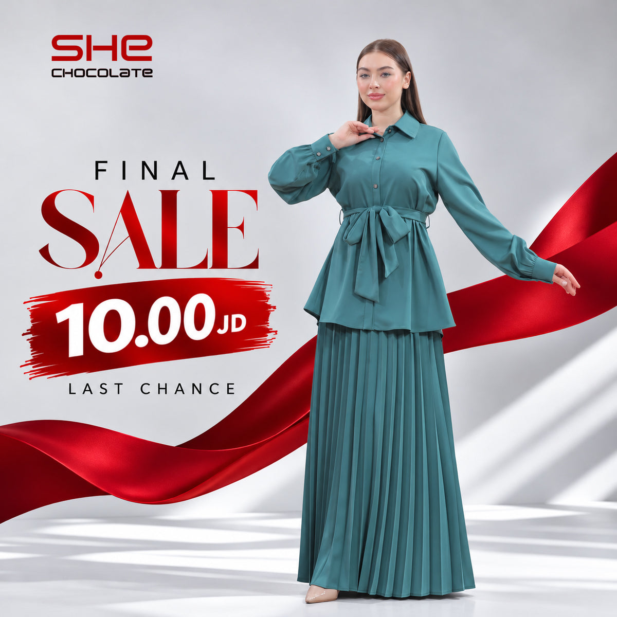 Belted Shirt & Pleated Skirt Set - Teal