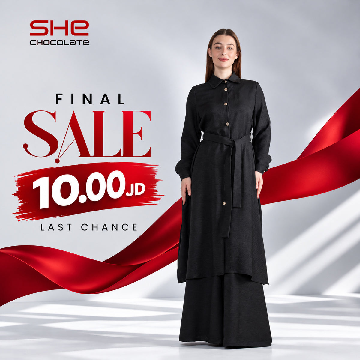 Long Belted Button Tunic & Wide-Leg Pants Set - Black