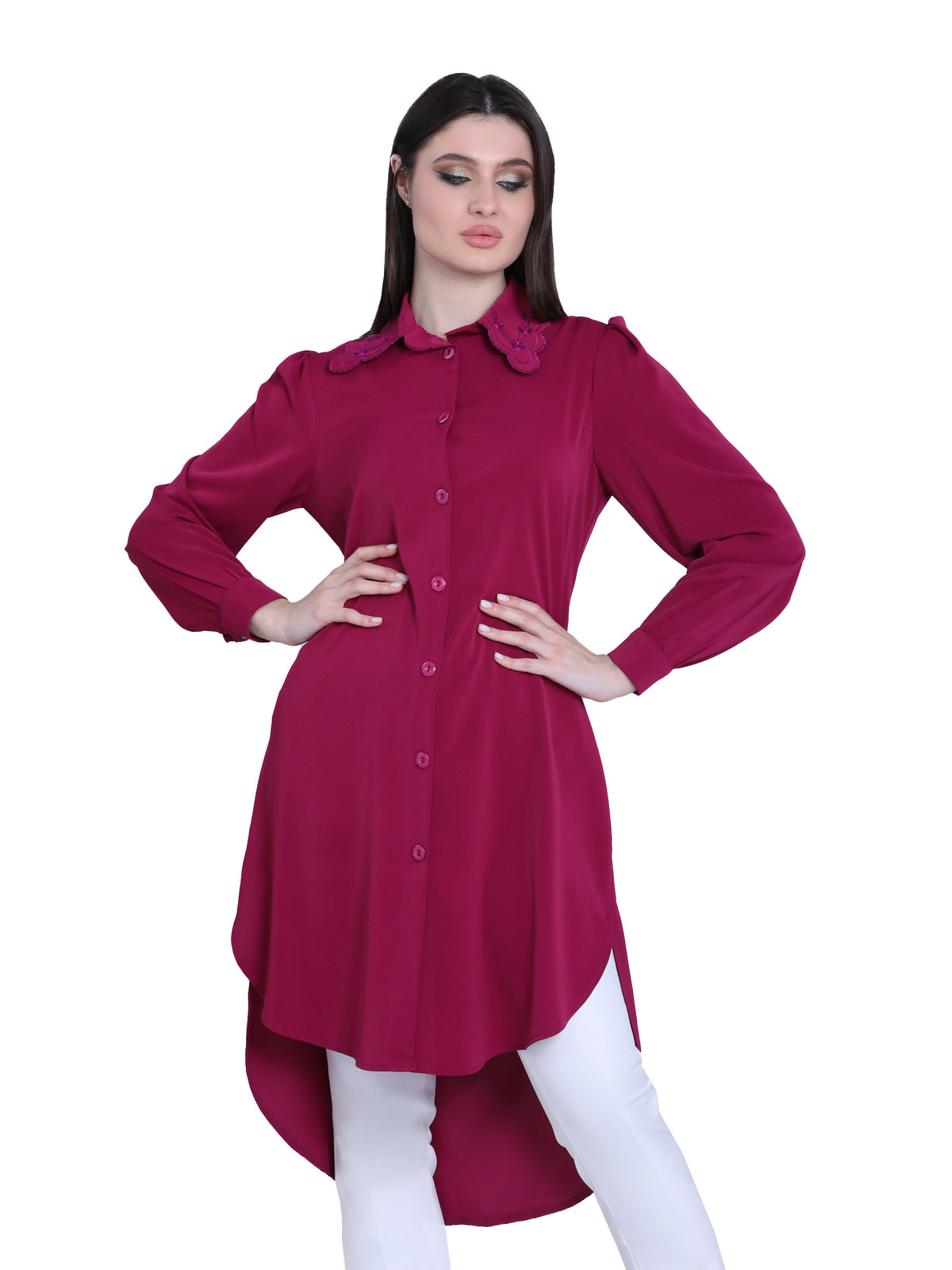 Long Blouse with Embroidered Collar - She Chocolate