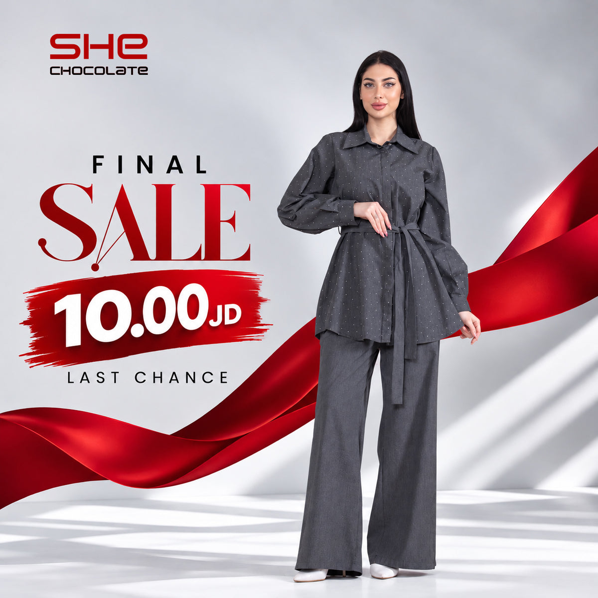 Belted Puff-Sleeve Shirt & Wide-Leg Pants Set - Gray