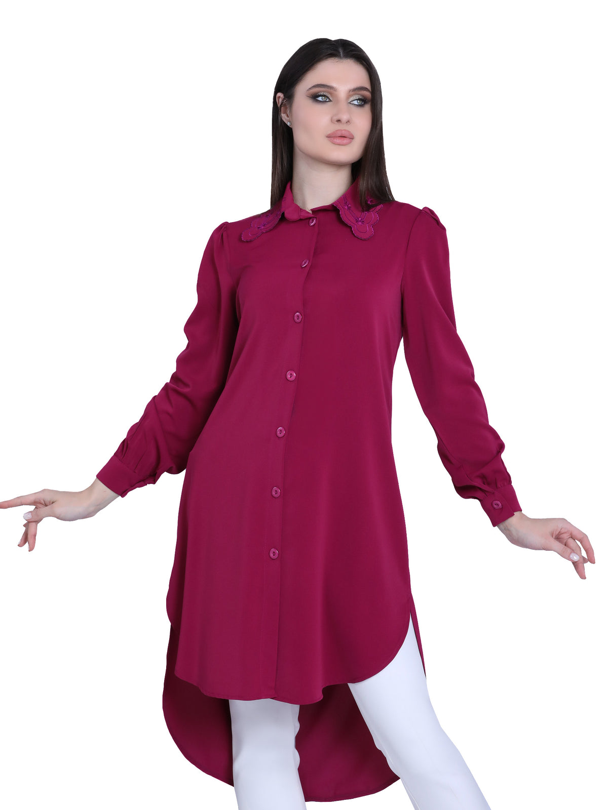 Long Blouse with Embroidered Collar