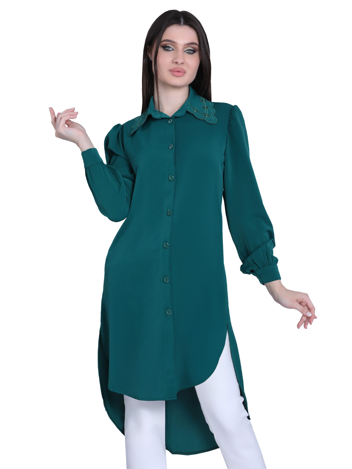Long Blouse with Embroidered Collar