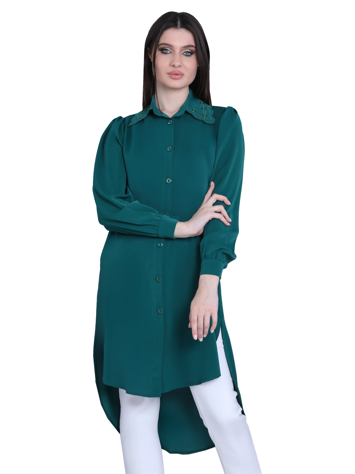 Long Blouse with Embroidered Collar