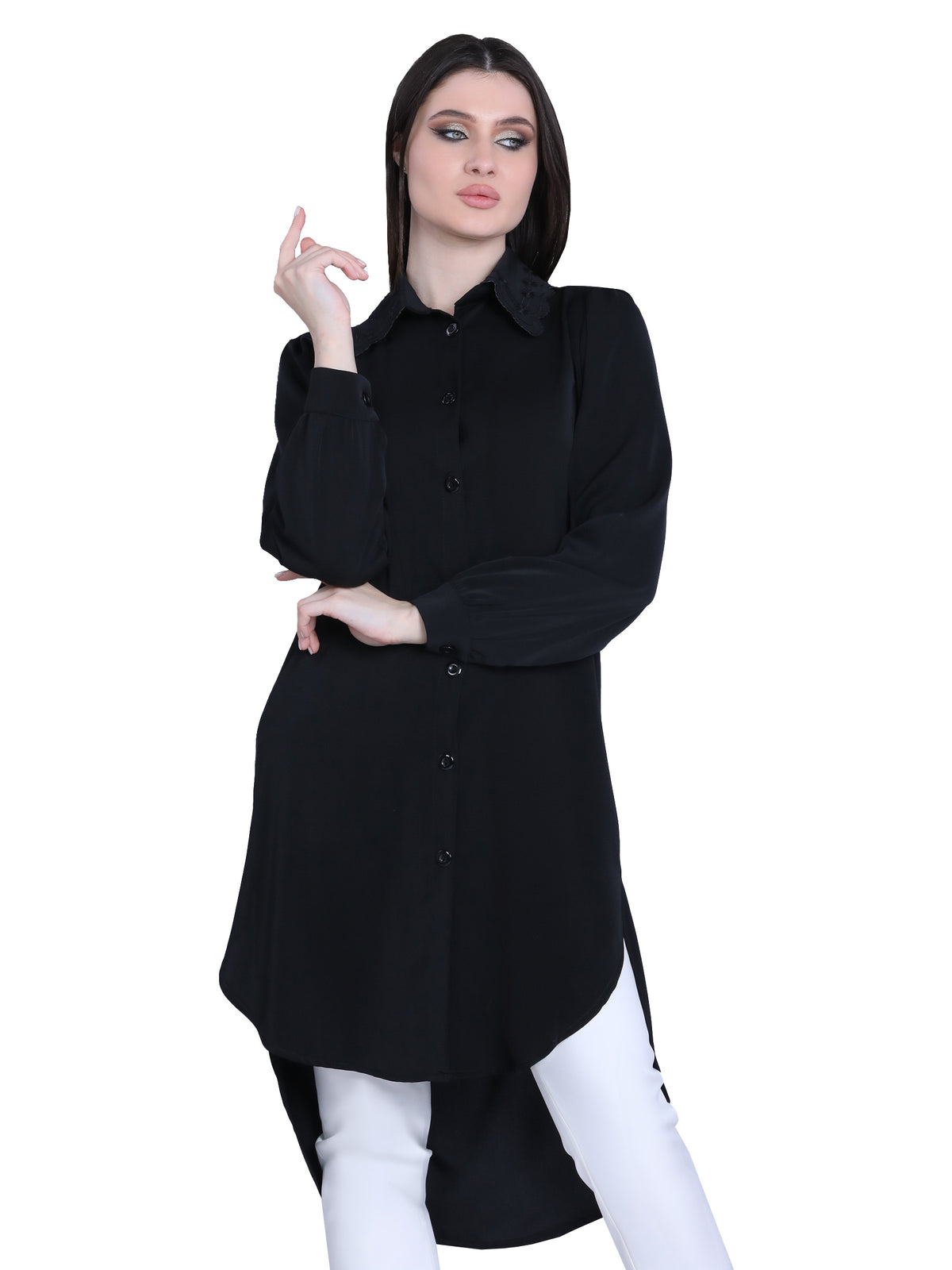 Long Blouse with Embroidered Collar