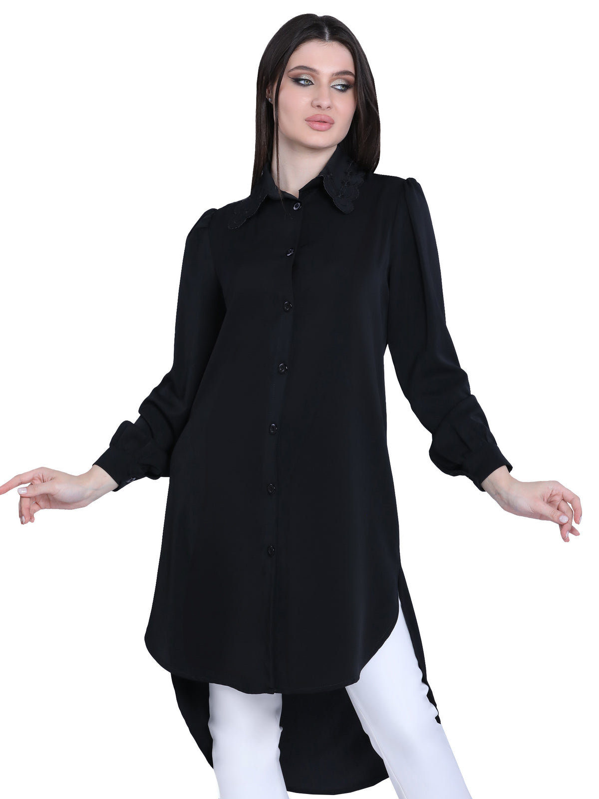 Long Blouse with Embroidered Collar