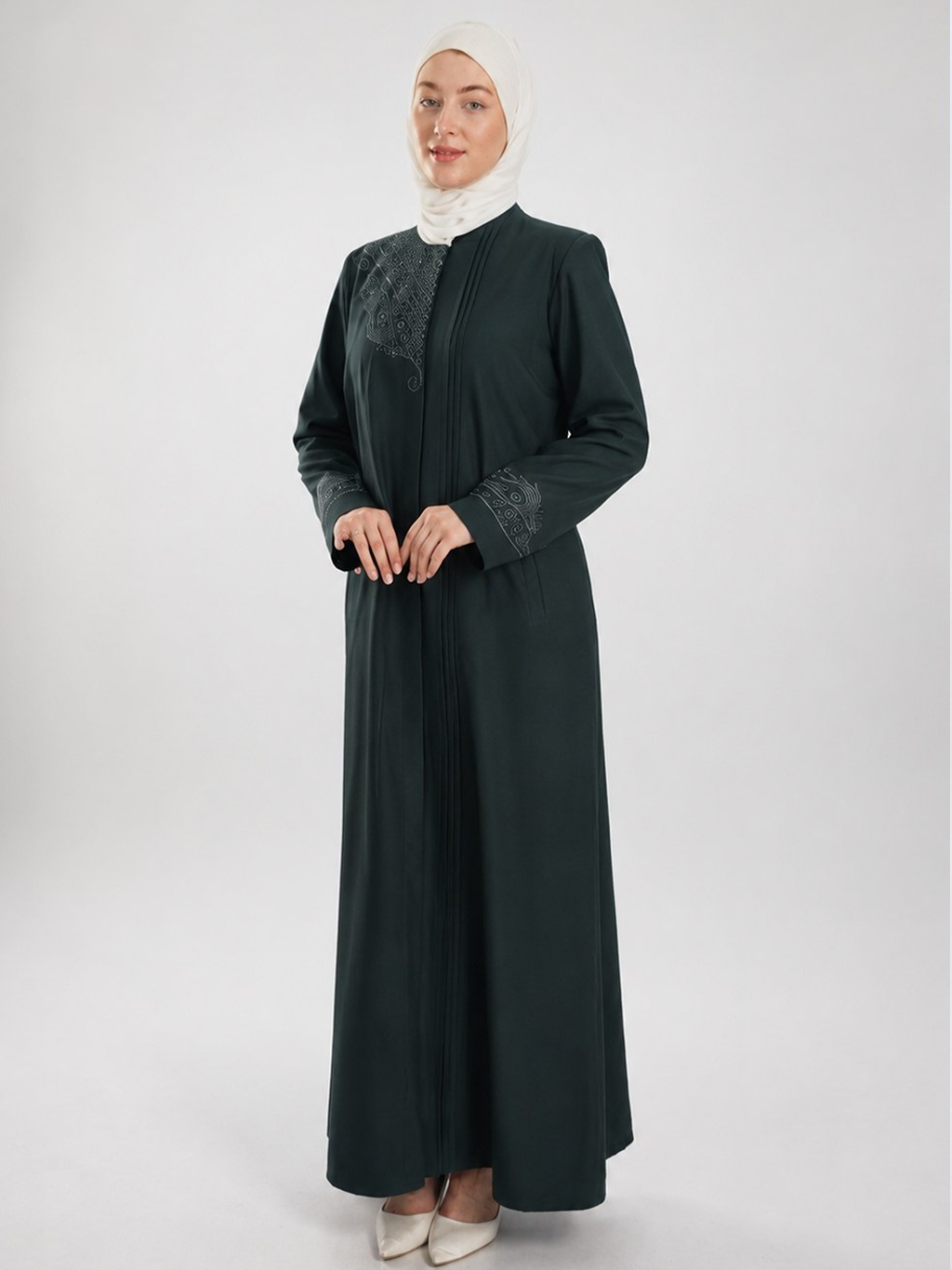 Embroidered Stand-Collar Jilbab - Dark Green