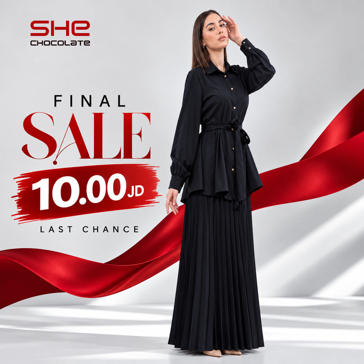 Belted Shirt & Pleated Skirt Set - Black