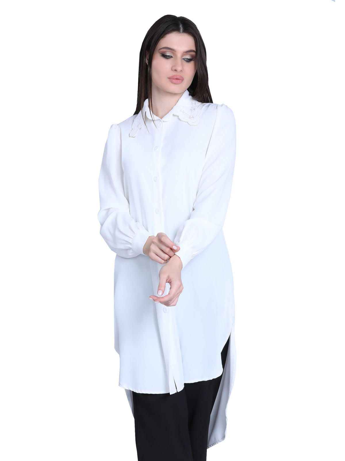 Long Blouse with Embroidered Collar