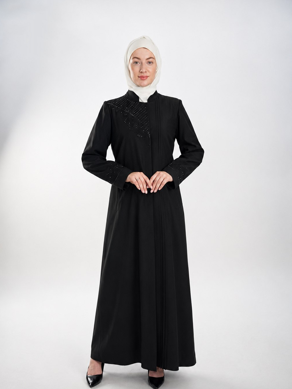 Embroidered Stand-Collar Jilbab - Black