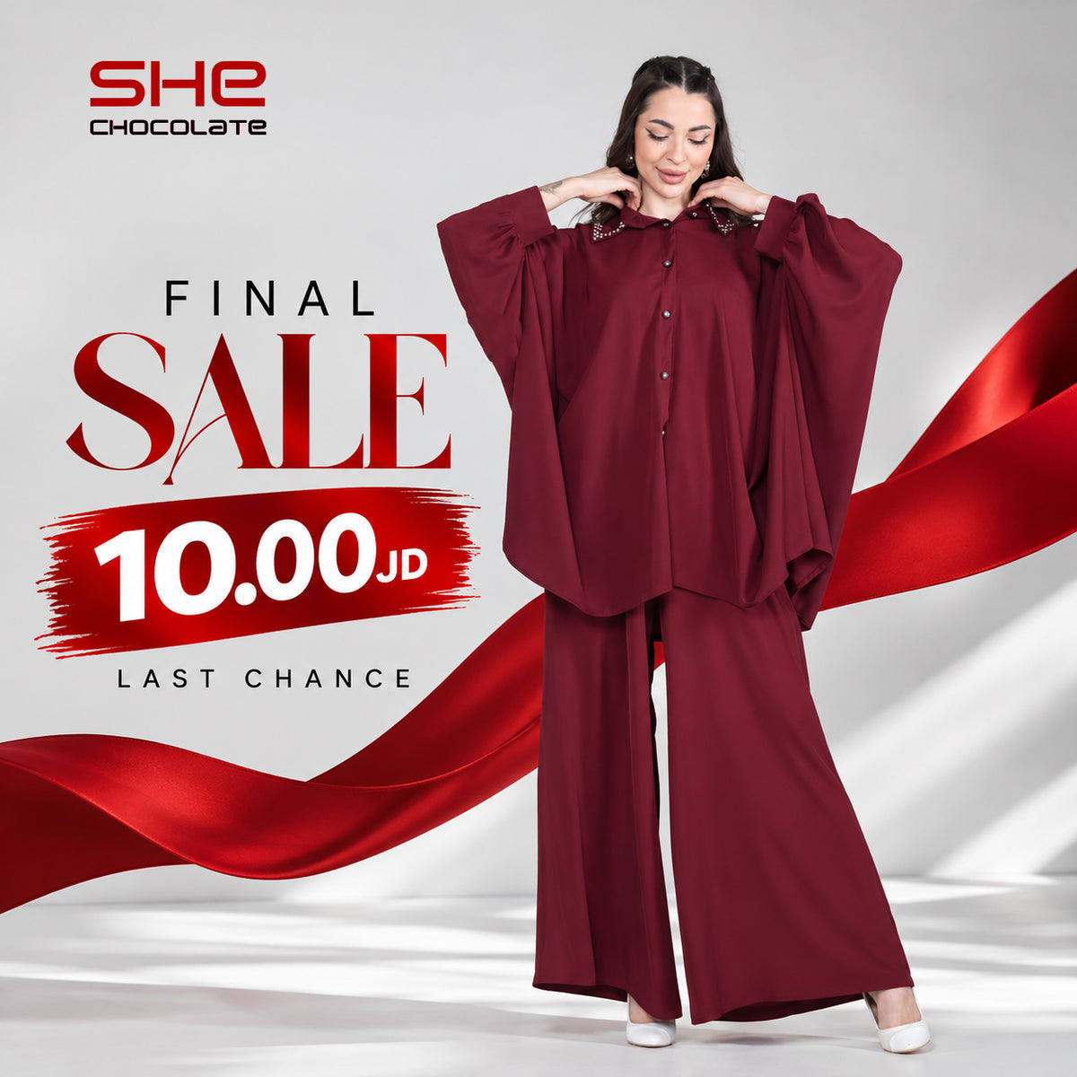 Batwing Oversized Shirt & Wide-Leg Pants Set - Burgundy