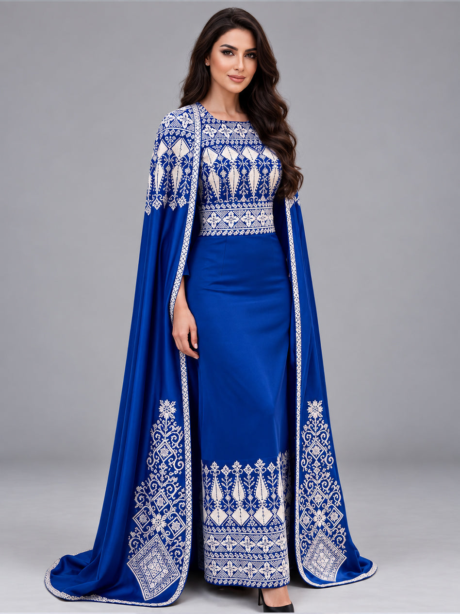 Malika embroidered thobe with cape - Royal Blue & White