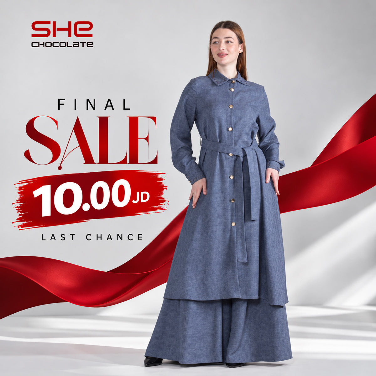 Long Belted Button Tunic & Wide-Leg Pants Set - Denim Blue