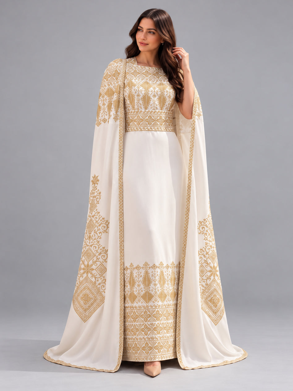 Malika embroidered thobe with cape - Off-White & Gold