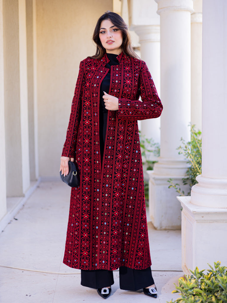 Long Embroidered Jacket in Red or Beige - She Chocolate