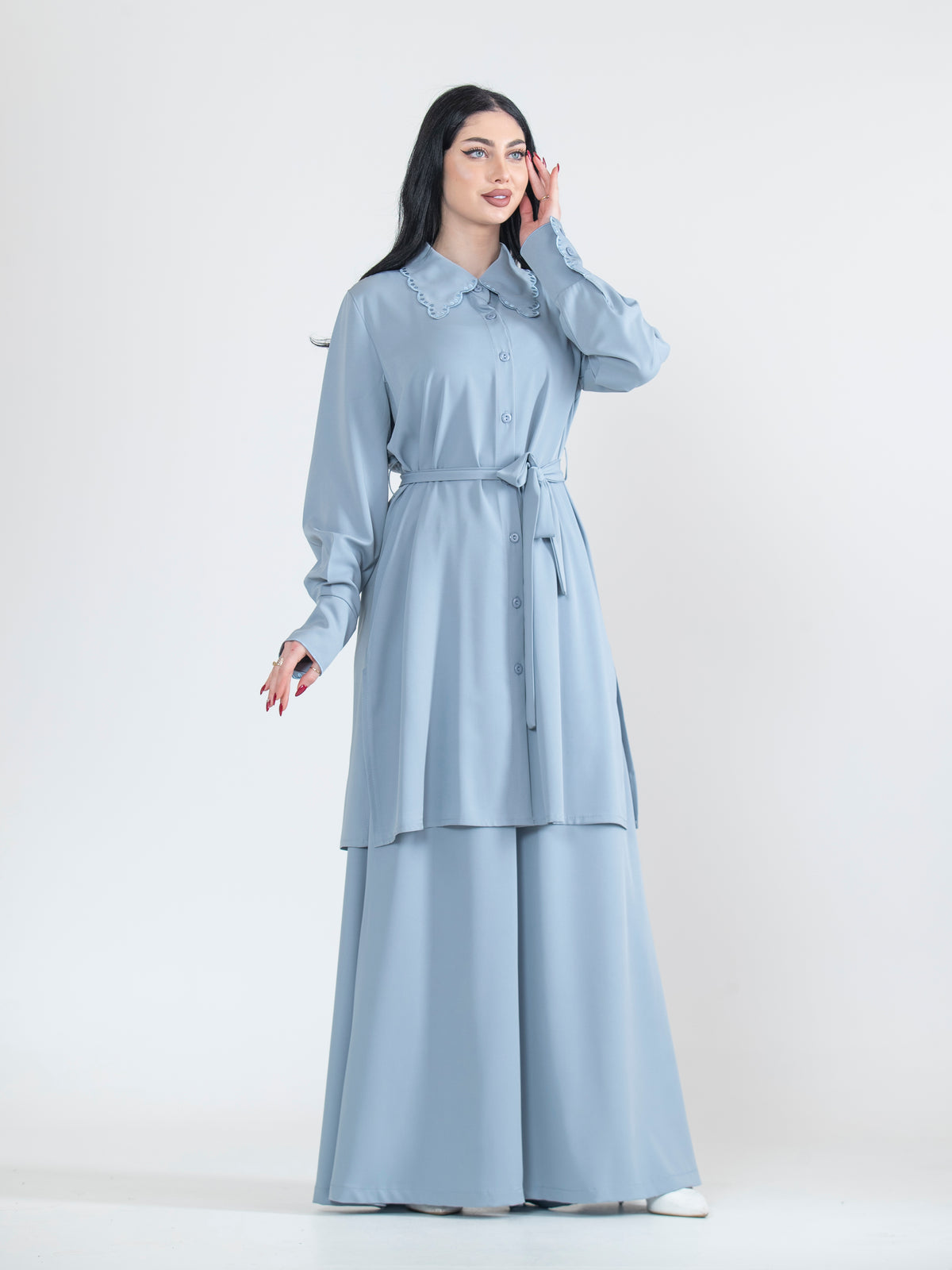 Asala Two-Piece Set with Neckline Embroidery - She Chocolate