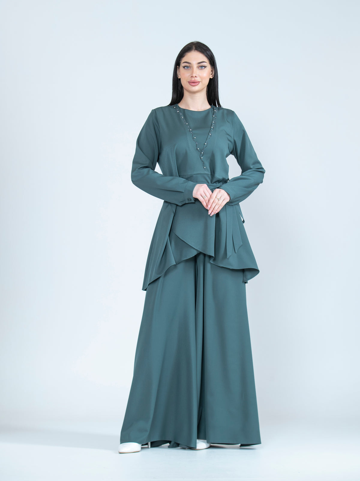 Hayfa Wide-Leg Pants Set with Belted Blouse
