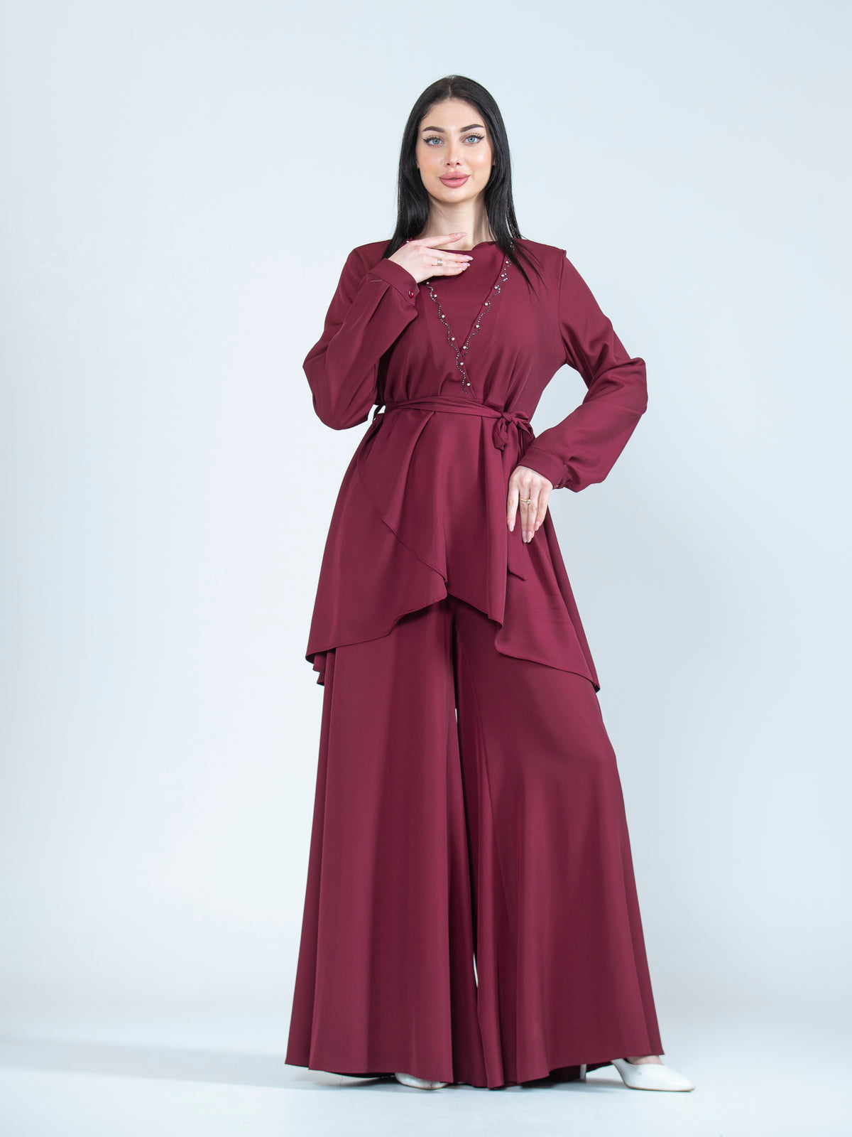 Hayfa Wide-Leg Pants Set with Belted Blouse - She Chocolate