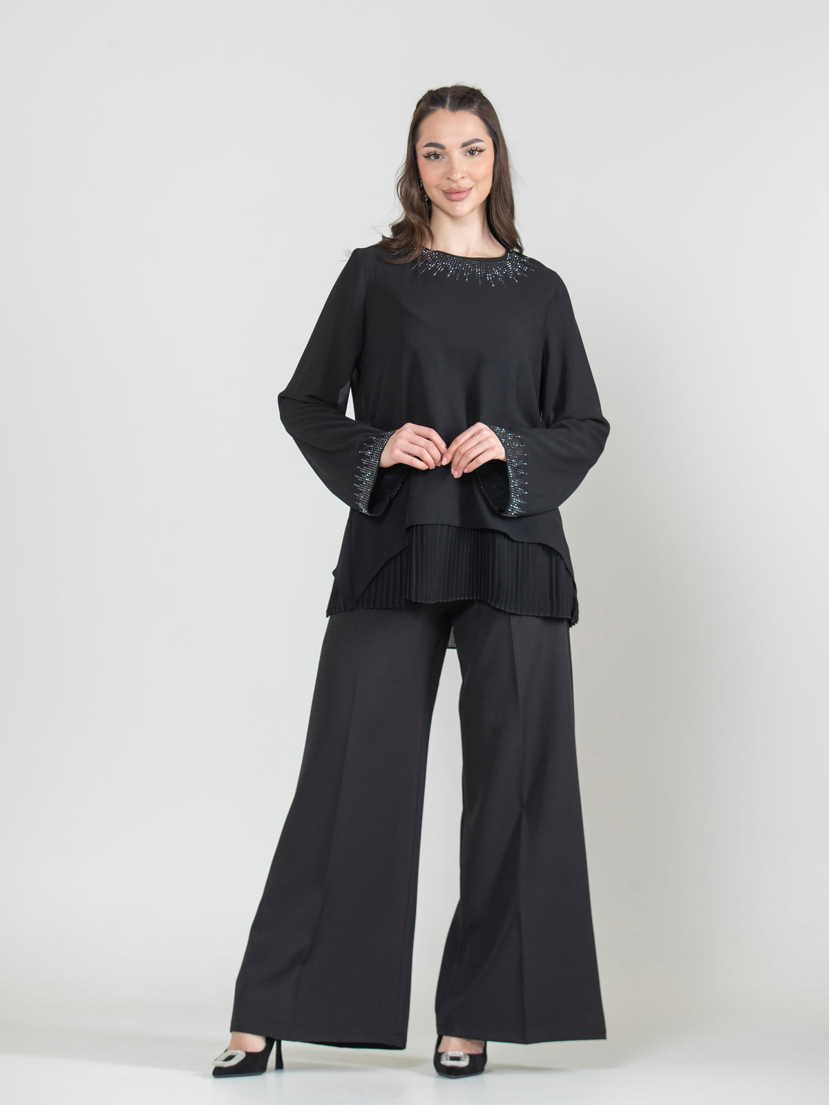 Pleated Strass Chiffon Blouse