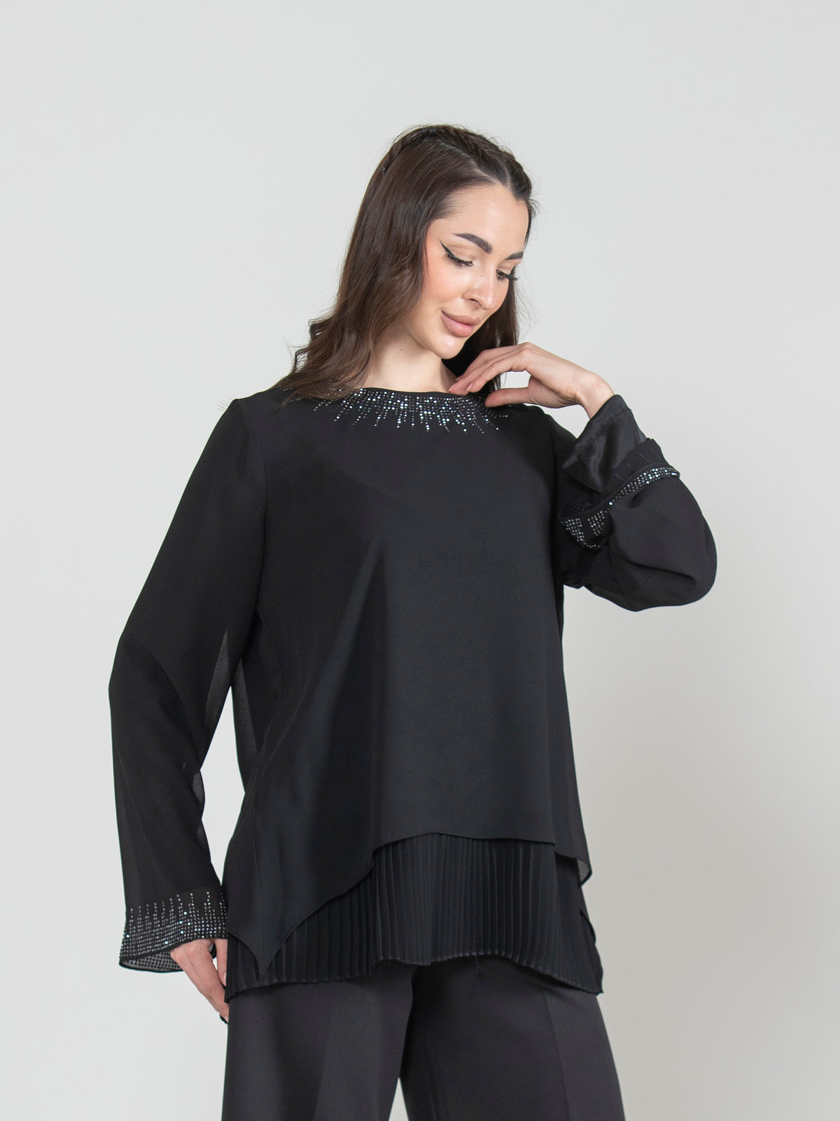 Pleated Strass Chiffon Blouse