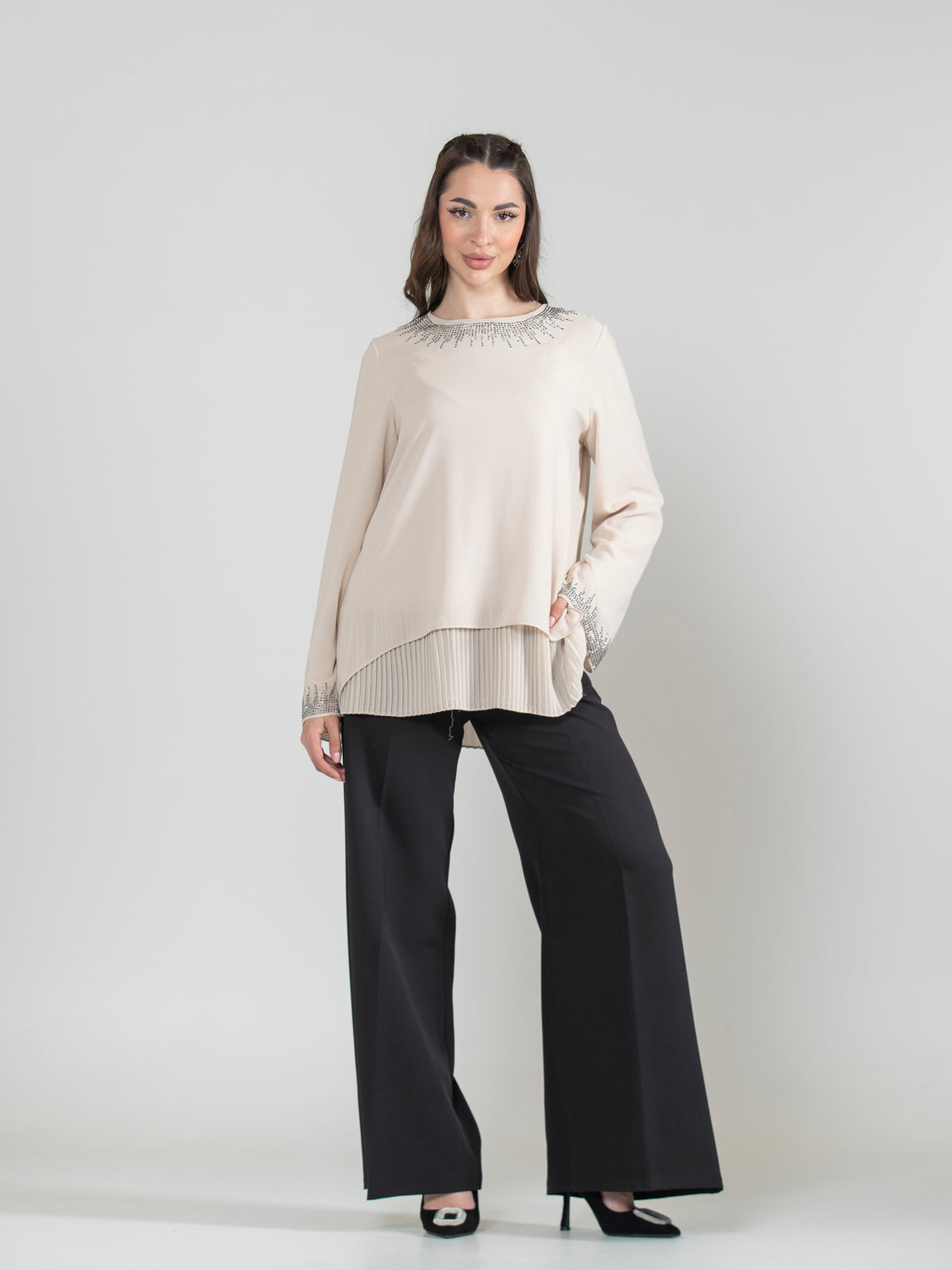 Pleated Strass Chiffon Blouse