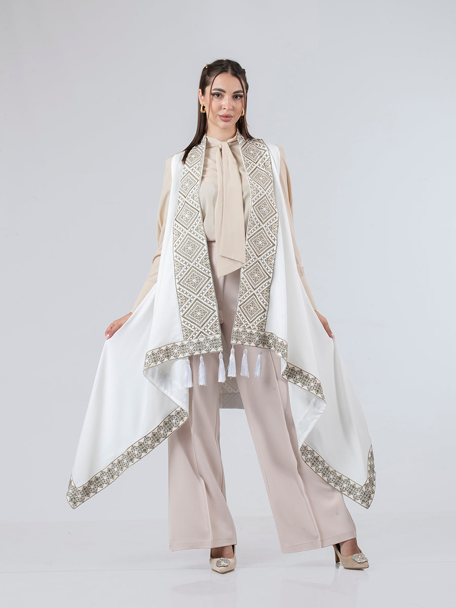 Embroidered Vest in Olive, White & Beige