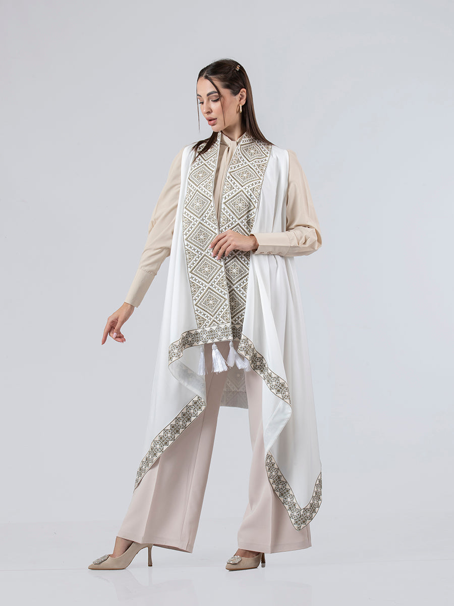 Embroidered Vest in Olive, White & Beige