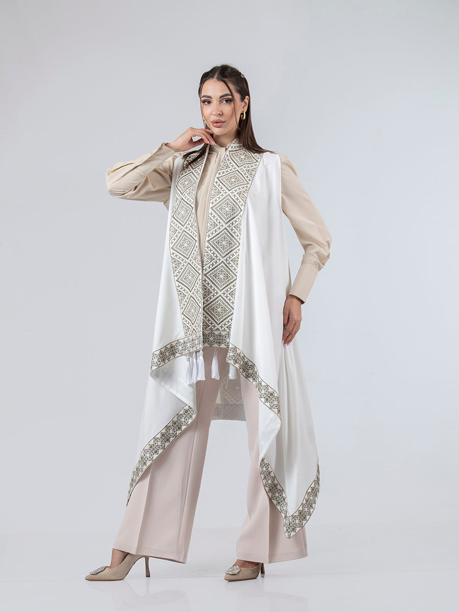 Embroidered Vest in Olive, White & Beige