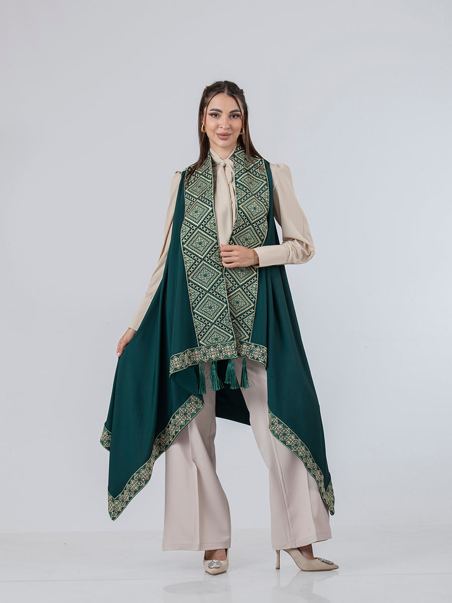 Embroidered Vest in Olive, White & Beige - She Chocolate